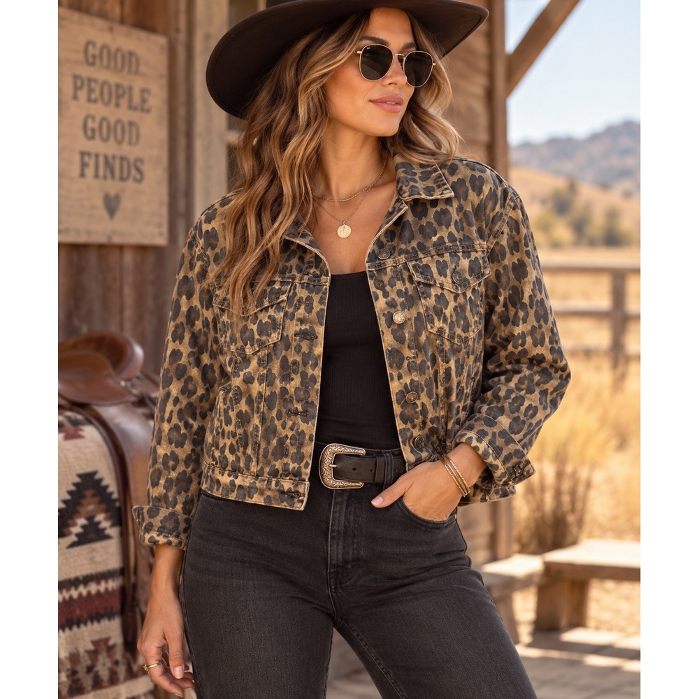 Western Grunge Leopard Denim Jacket Cowgirl Indie Sleaze Rocker Sz L/XL